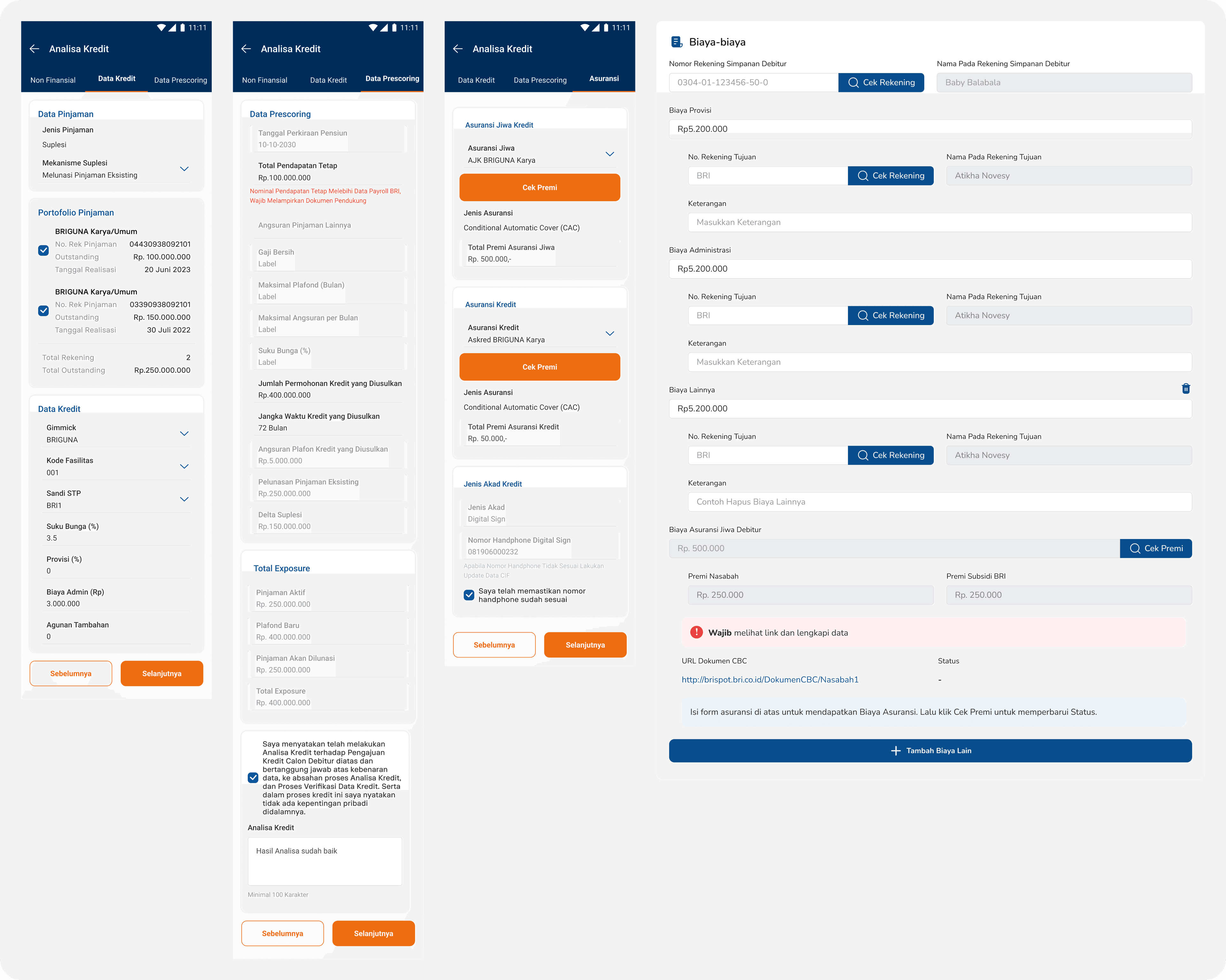 Old BRISPOT Analisa Kredit flow — Non Finansial, Data Kredit, Data Prescoring, and Asuransi tabs on mobile, plus the Biaya-biaya screen on desktop, each packed with fields to fill in