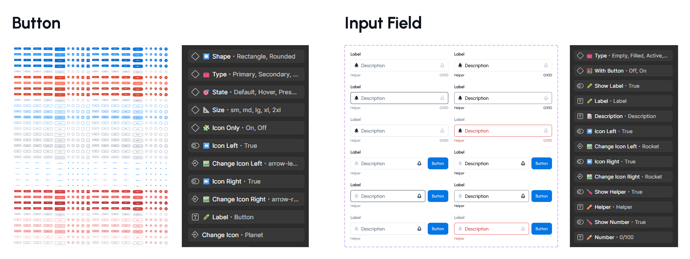 Natuna Digilab Button and Input Field components — variant grid and full property panels from Figma