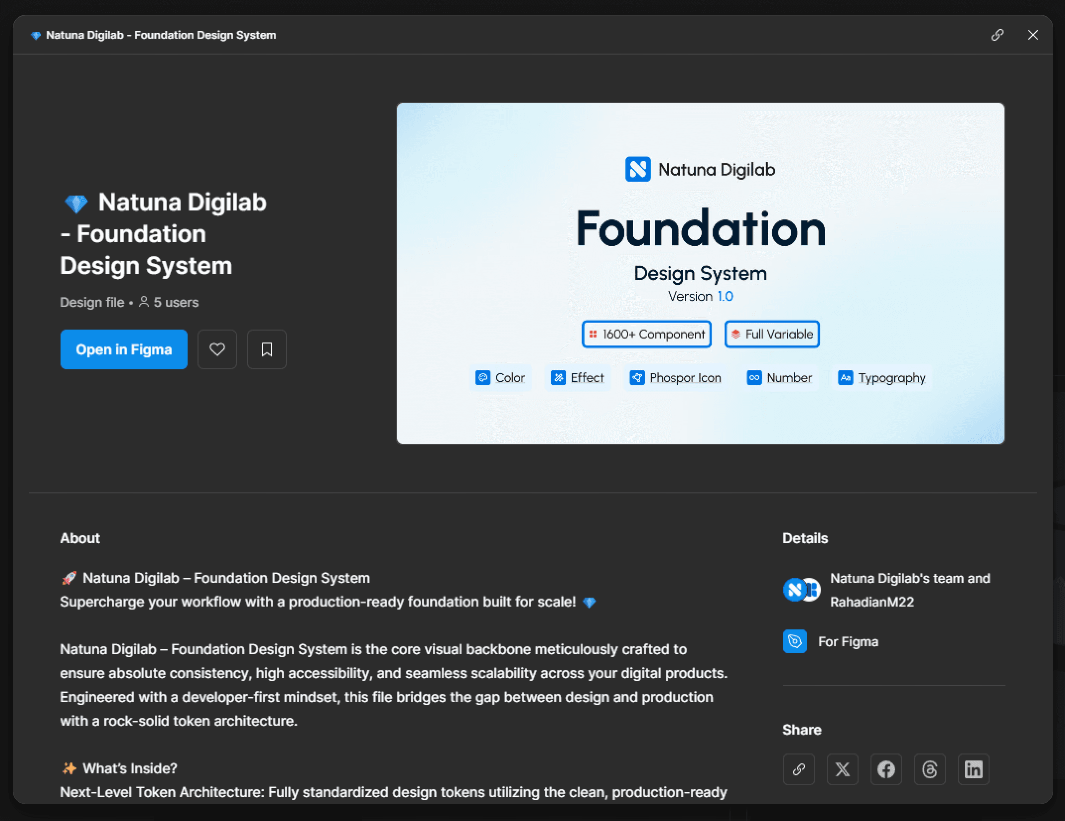 Natuna Digilab — Foundation Design System listing on Figma Community, showing 5 users and the Open in Figma button