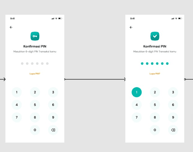 PIN Confirmation comparison — the resting state next to the digit '1' turning solid teal the instant it's pressed