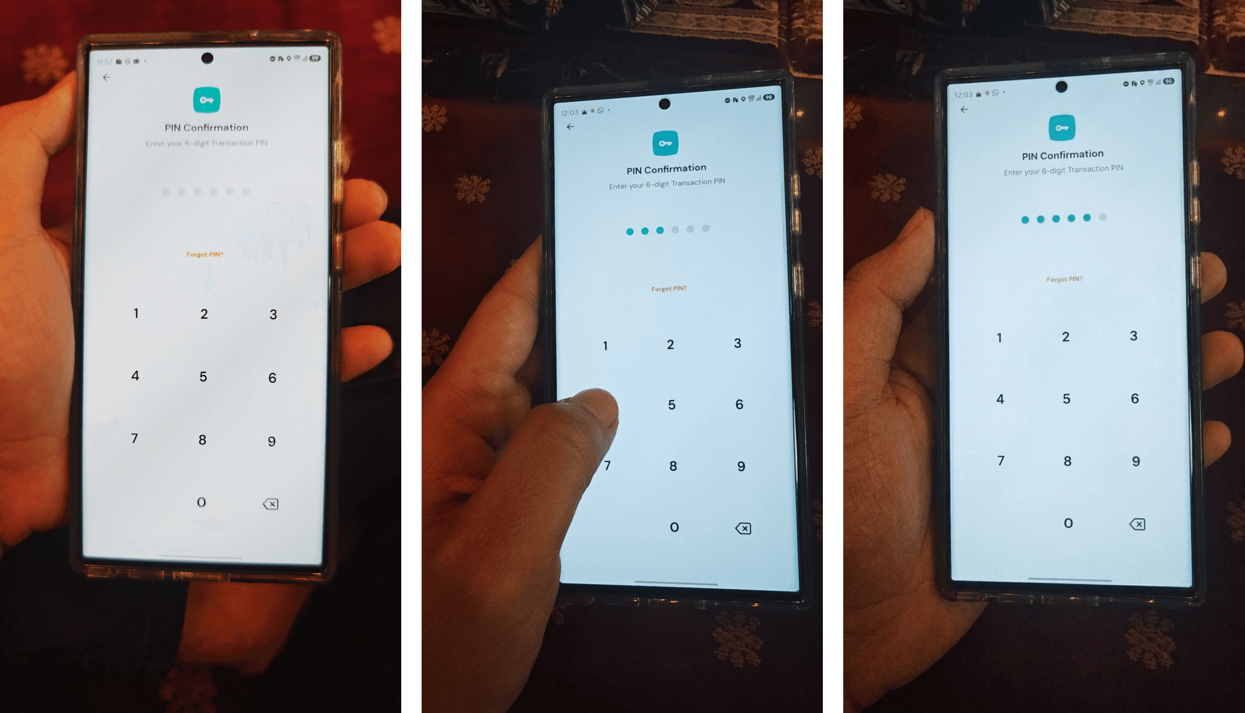 The shipped PIN Confirmation screen at three points during entry — the dots above the keypad filling in from zero to five, while the number pad itself never changes color